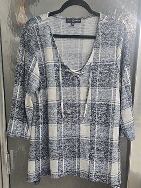 Fred David Navy and White Plaid Lace-Up Tunic